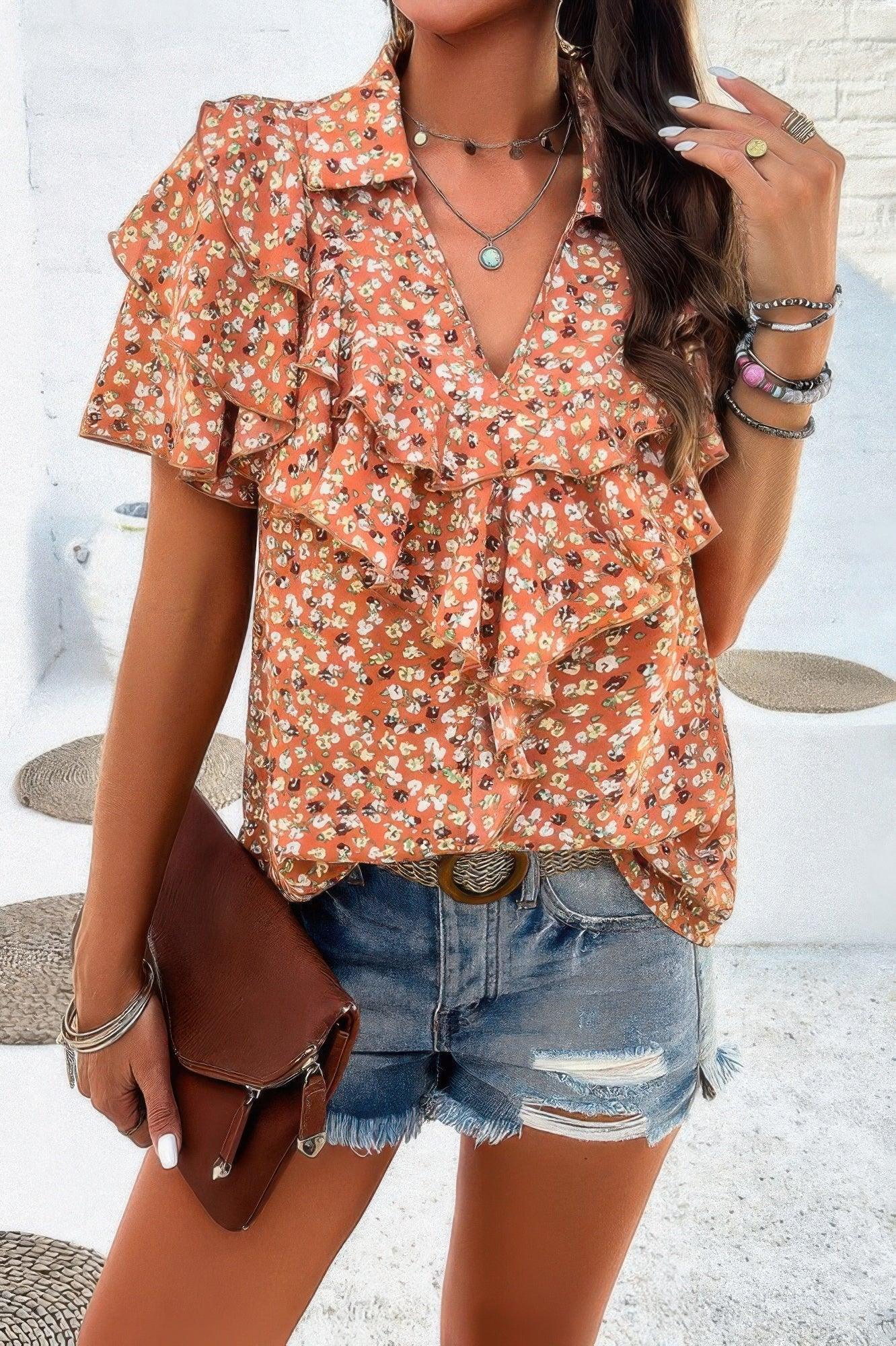 Floral Printed Ruffle Sleeve V Neck Loose Blouse | Mixtshop LLC