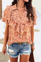 Floral Printed Ruffle Sleeve V Neck Loose Blouse | Mixtshop LLC