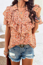 Floral Printed Ruffle Sleeve V Neck Loose Blouse | Mixtshop LLC