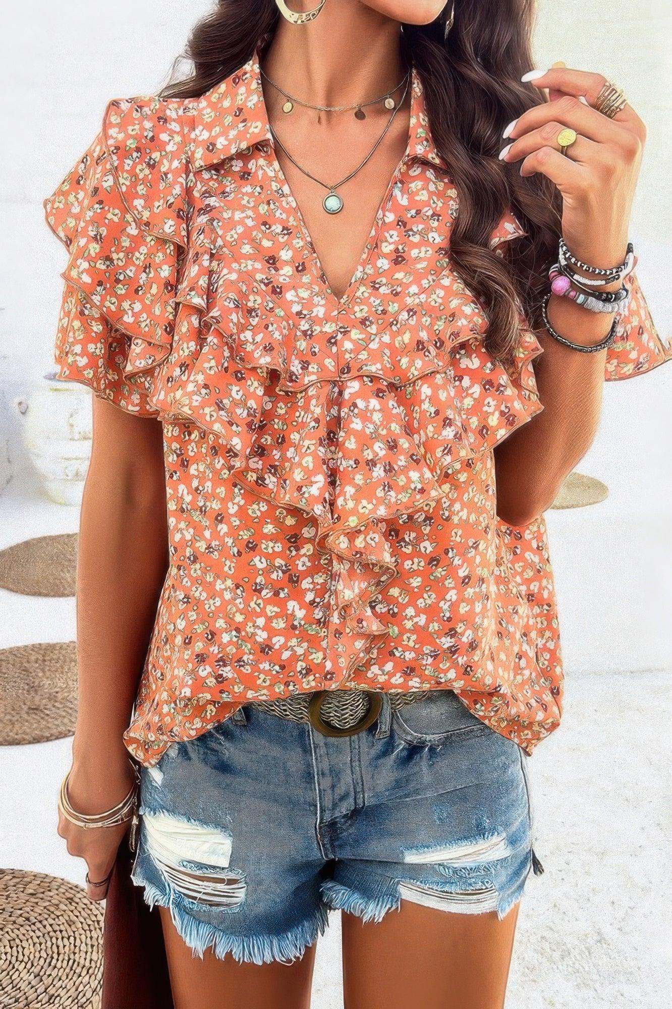 Floral Printed Ruffle Sleeve V Neck Loose Blouse | Mixtshop LLC