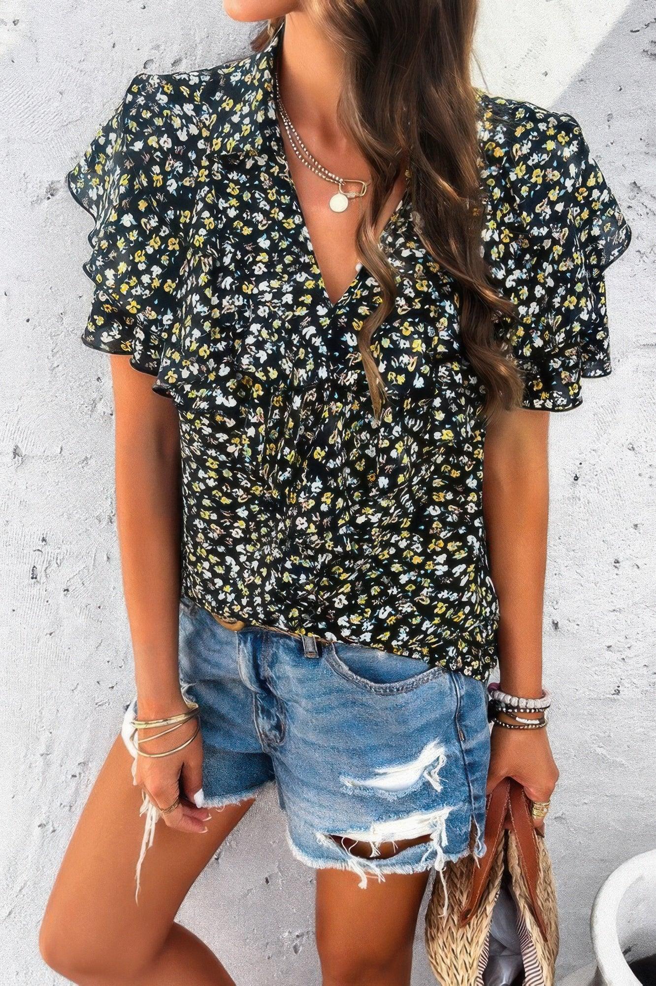 Floral Printed Ruffle Sleeve V Neck Loose Blouse | Mixtshop LLC