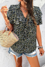 Floral Printed Ruffle Sleeve V Neck Loose Blouse | Mixtshop LLC