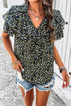 Floral Printed Ruffle Sleeve V Neck Loose Blouse | Mixtshop LLC
