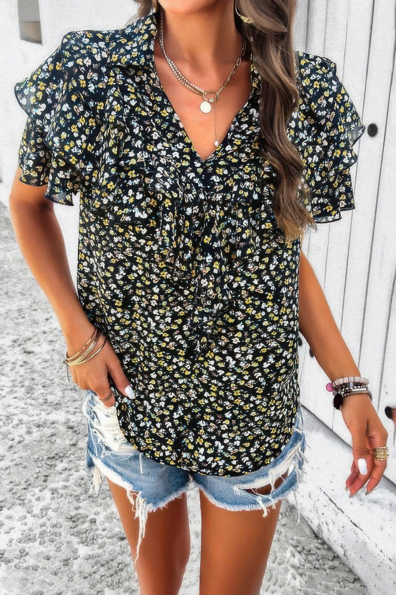 Floral Printed Ruffle Sleeve V Neck Loose Blouse | Mixtshop LLC