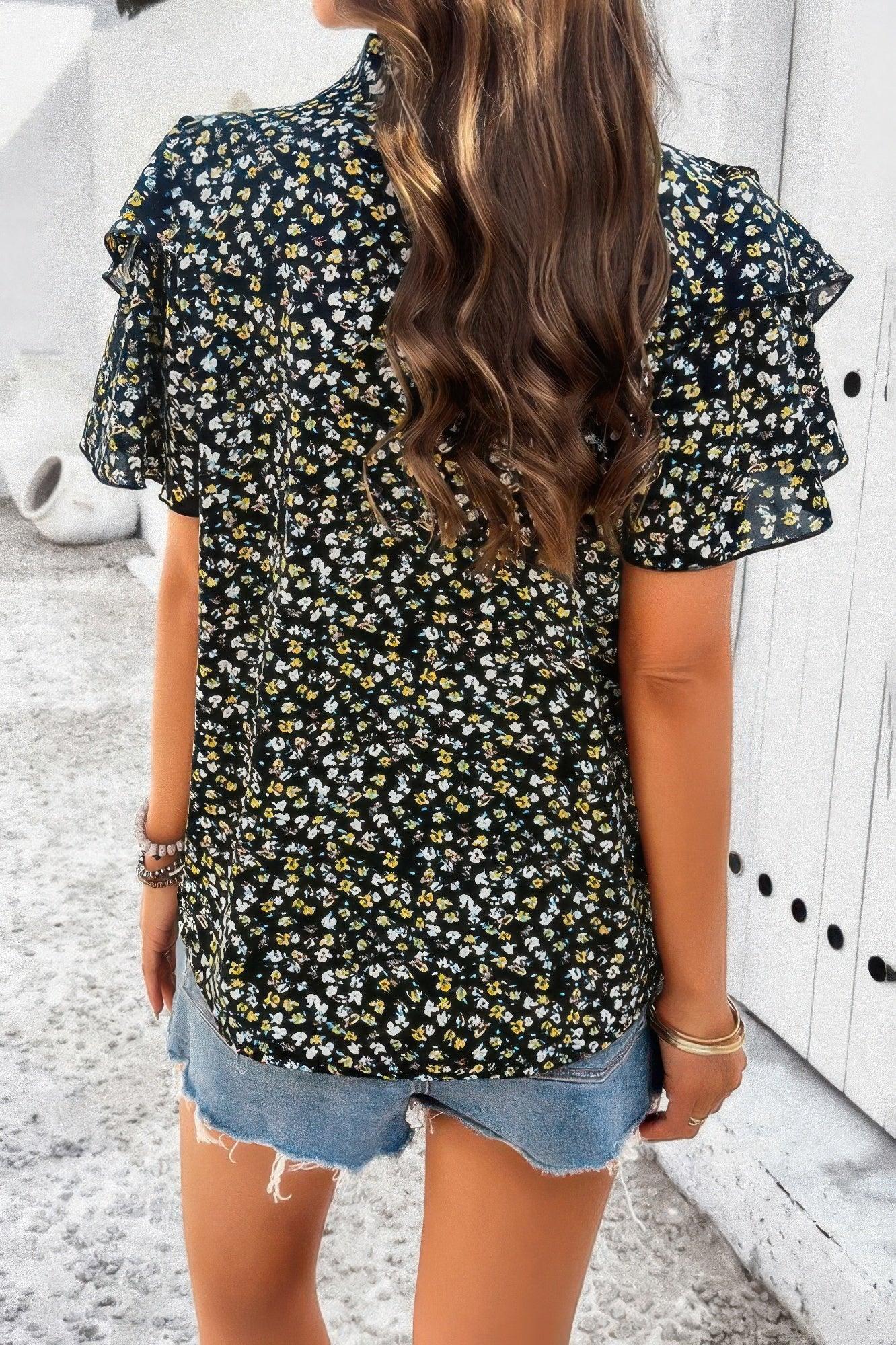 Floral Printed Ruffle Sleeve V Neck Loose Blouse | Mixtshop LLC