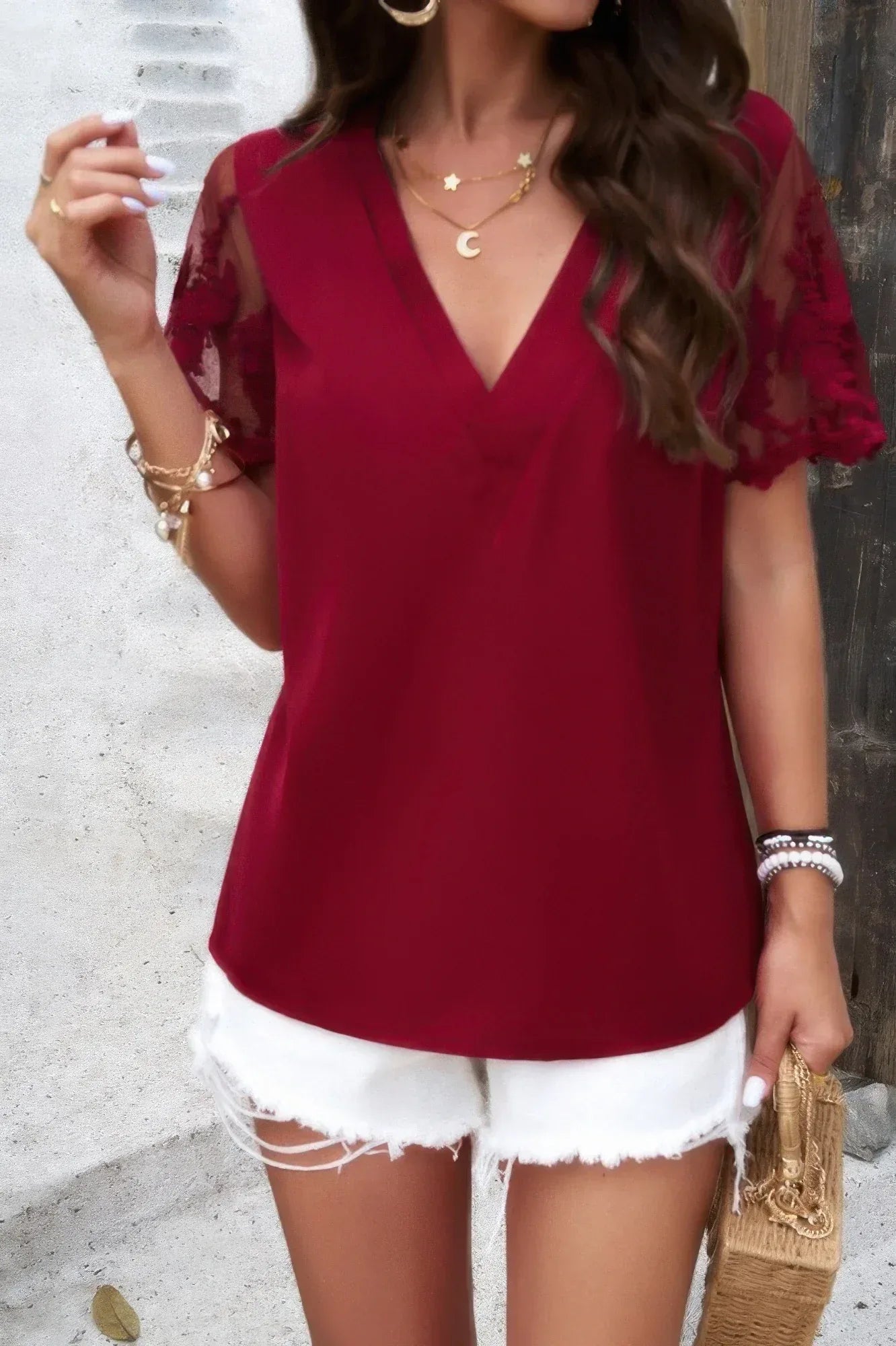 Solid Lace Floral V Neck Short Sleeve Shirt | Mixtshop LLC Main image