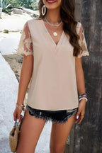 Solid Lace Floral V Neck Short Sleeve Shirt | Mixtshop LLC