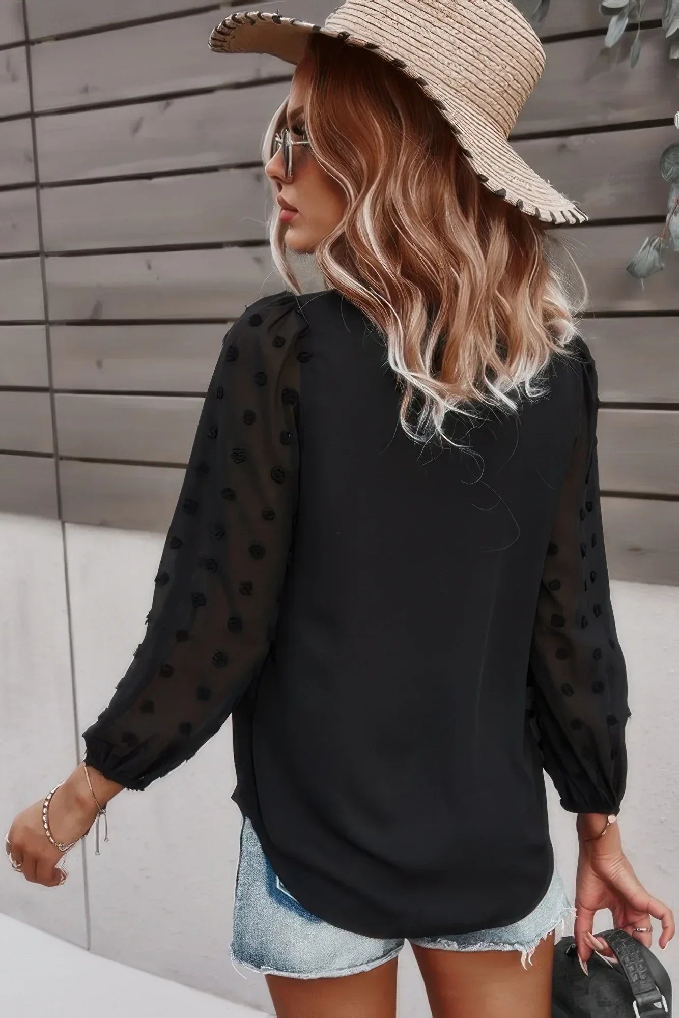 Solid V Neck Lantern Sleeve Swiss Dot Shirt Secondary image