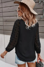 Solid V Neck Lantern Sleeve Swiss Dot Shirt | Mixtshop LLC