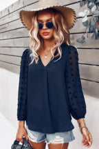 Solid V Neck Lantern Sleeve Swiss Dot Shirt | Mixtshop LLC