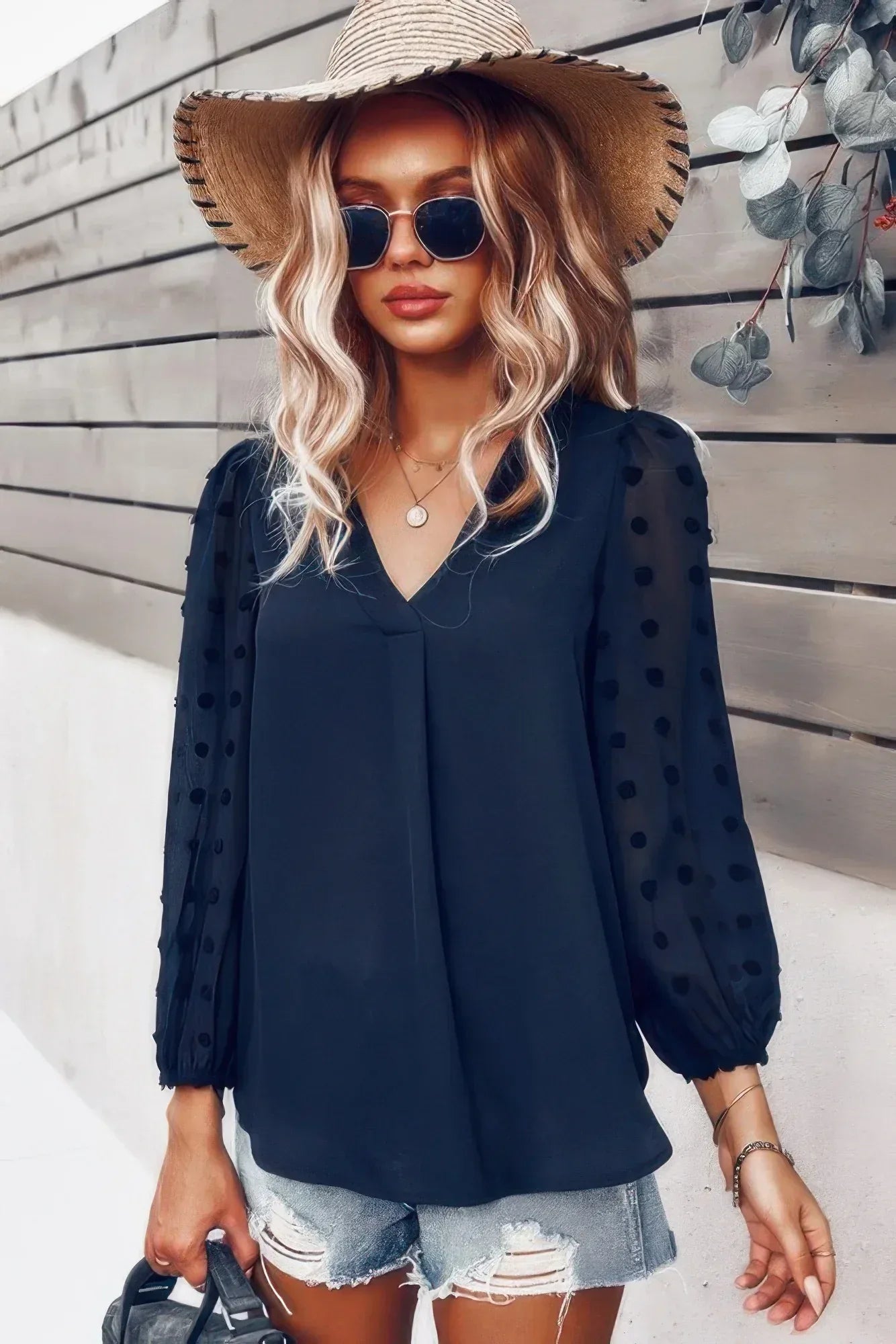 Solid V Neck Lantern Sleeve Swiss Dot Shirt | Mixtshop LLC