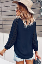 Solid V Neck Lantern Sleeve Swiss Dot Shirt | Mixtshop LLC