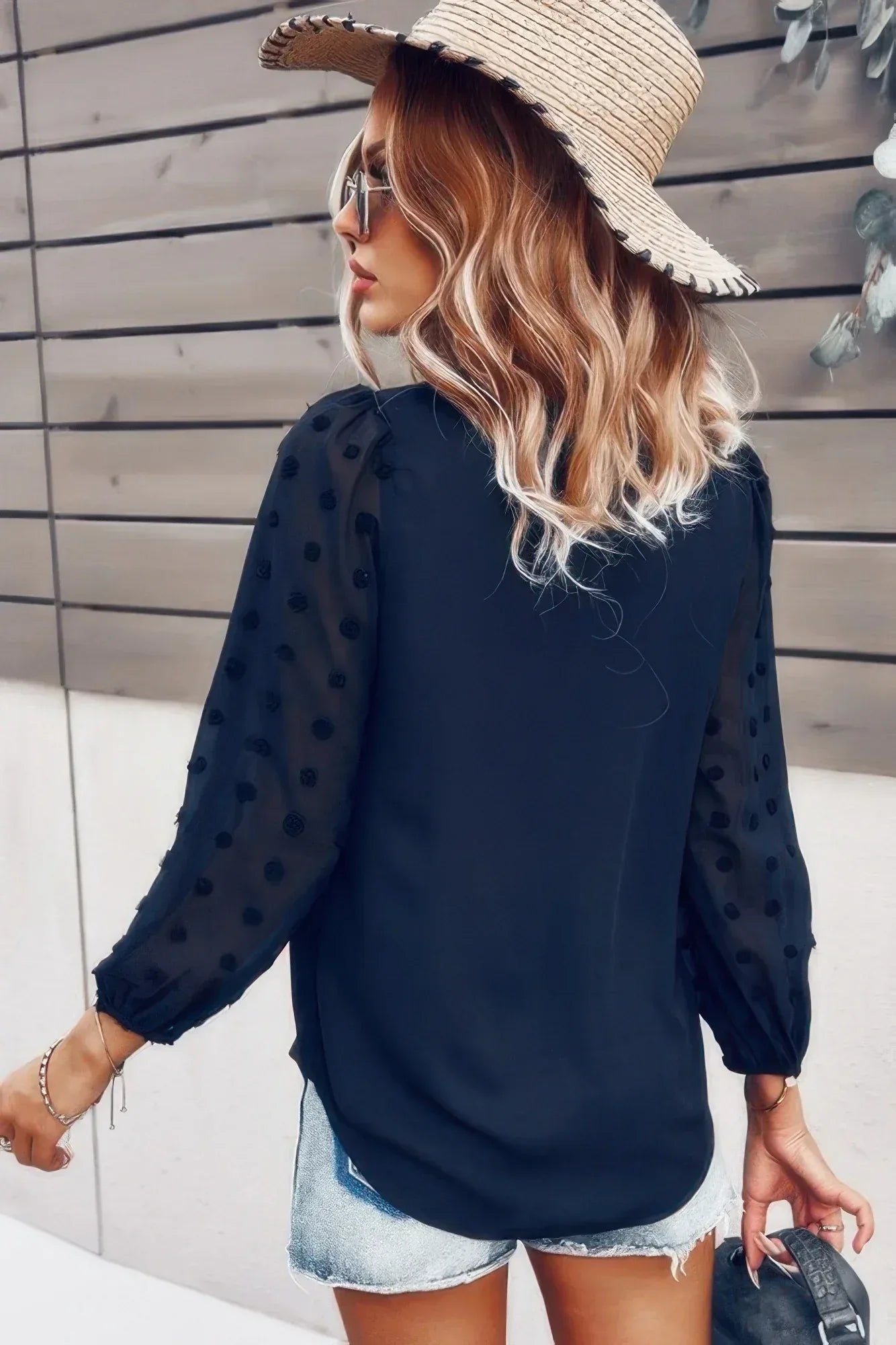 Solid V Neck Lantern Sleeve Swiss Dot Shirt | Mixtshop LLC