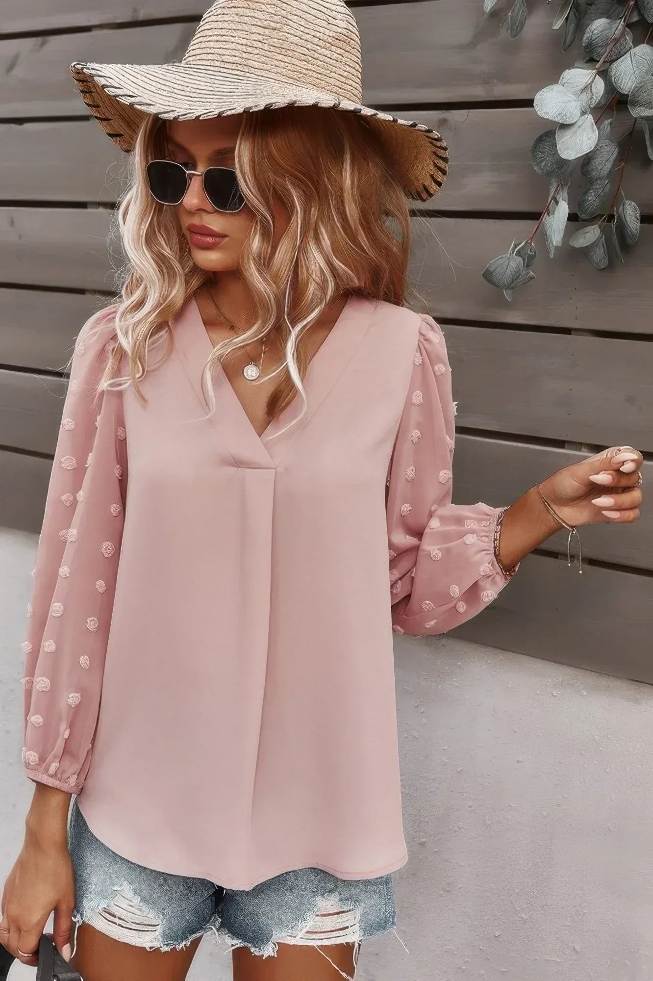 Solid V Neck Lantern Sleeve Swiss Dot Shirt | Mixtshop LLC