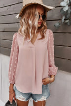 Solid V Neck Lantern Sleeve Swiss Dot Shirt | Mixtshop LLC