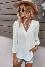 Solid V Neck Lantern Sleeve Swiss Dot Shirt | Mixtshop LLC