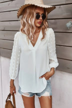 Solid V Neck Lantern Sleeve Swiss Dot Shirt | Mixtshop LLC