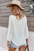 Solid V Neck Lantern Sleeve Swiss Dot Shirt | Mixtshop LLC