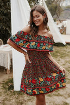 Boho Print Cut Ruffle Accented Pleated Short Dress | Mixtshop LLC
