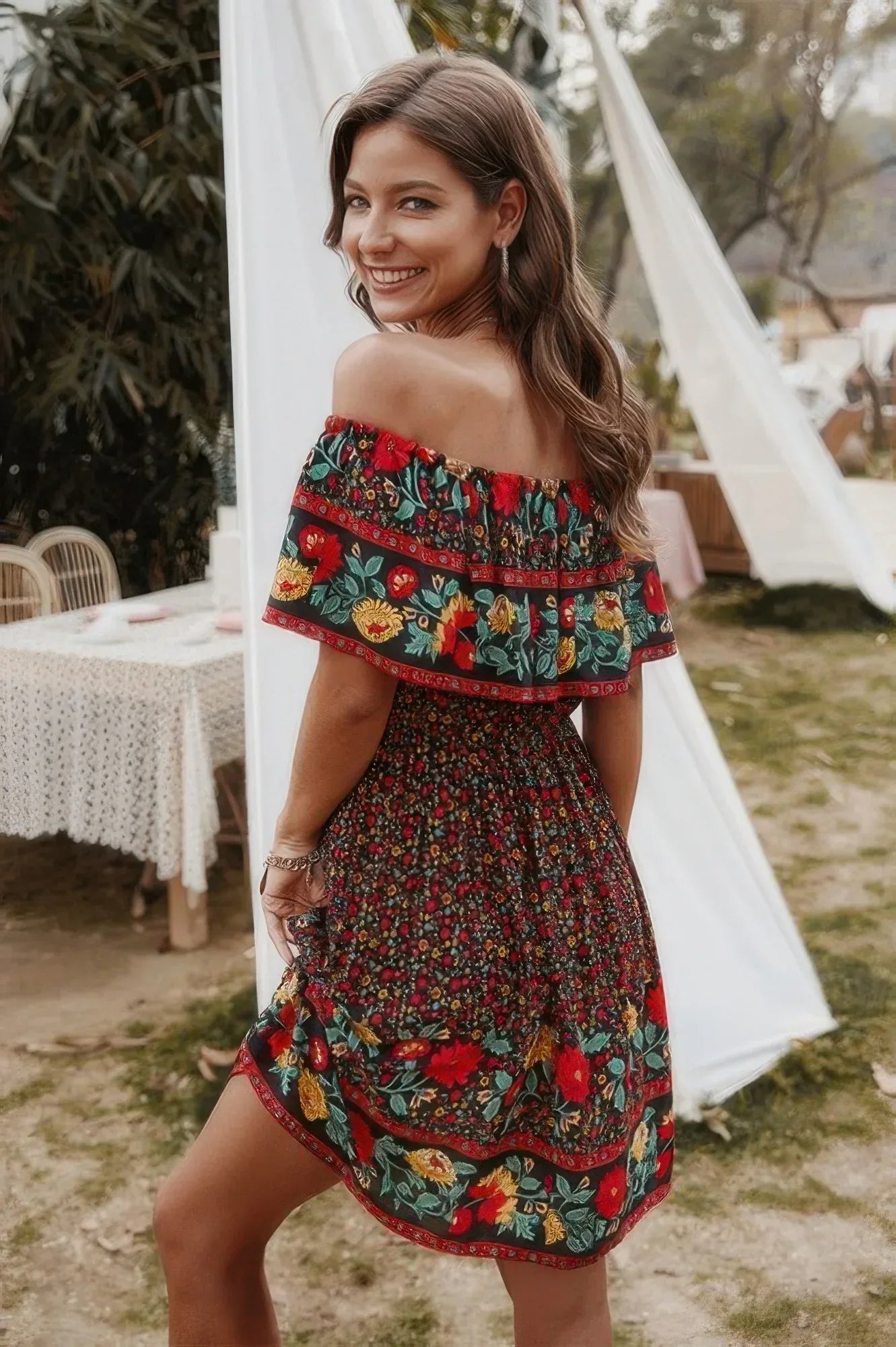 Boho Print Cut Ruffle Accented Pleated Short Dress Secondary image