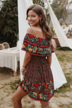 Boho Print Cut Ruffle Accented Pleated Short Dress | Mixtshop LLC