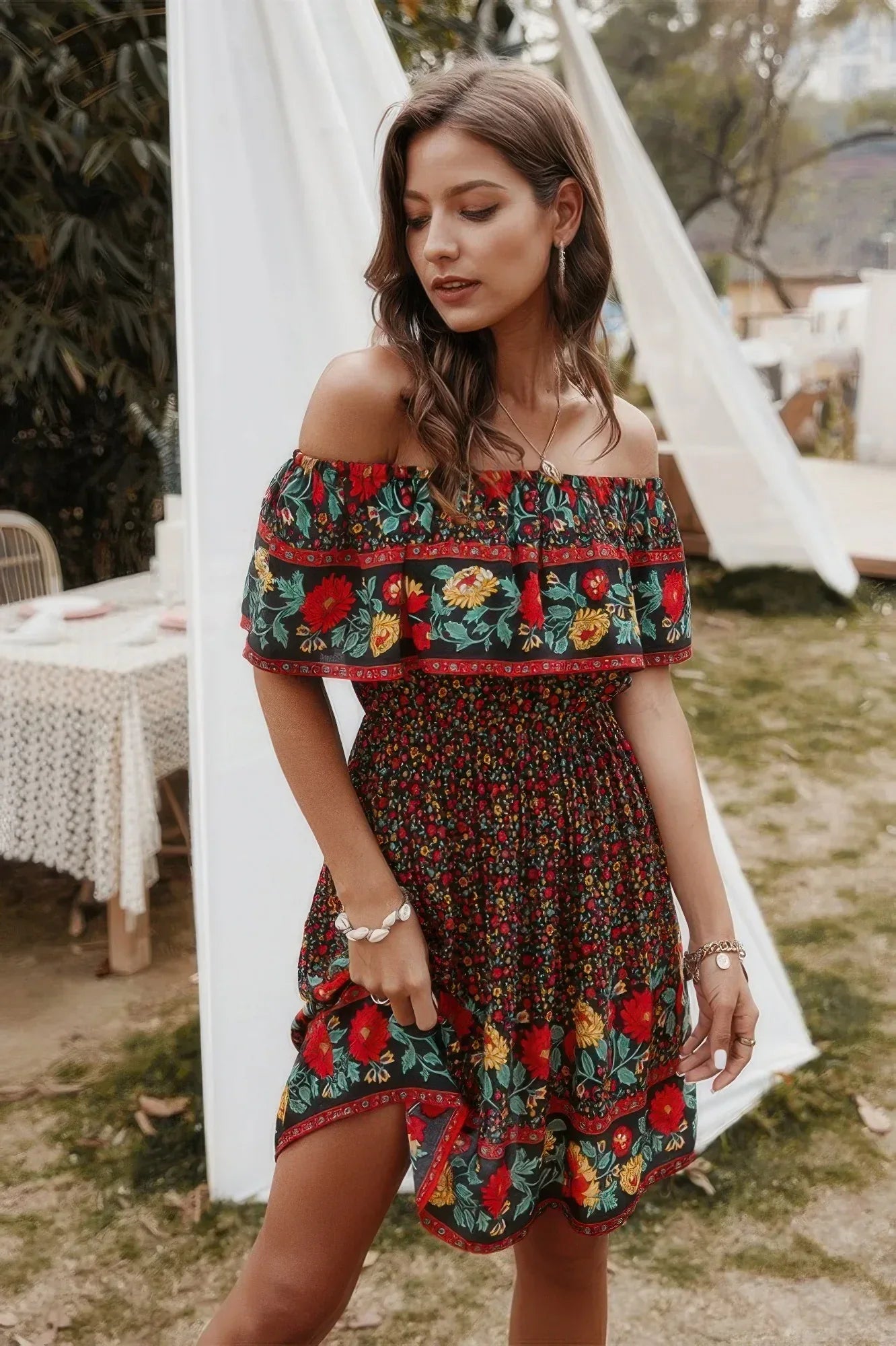 Boho Print Cut Ruffle Accented Pleated Short Dress | Mixtshop LLC