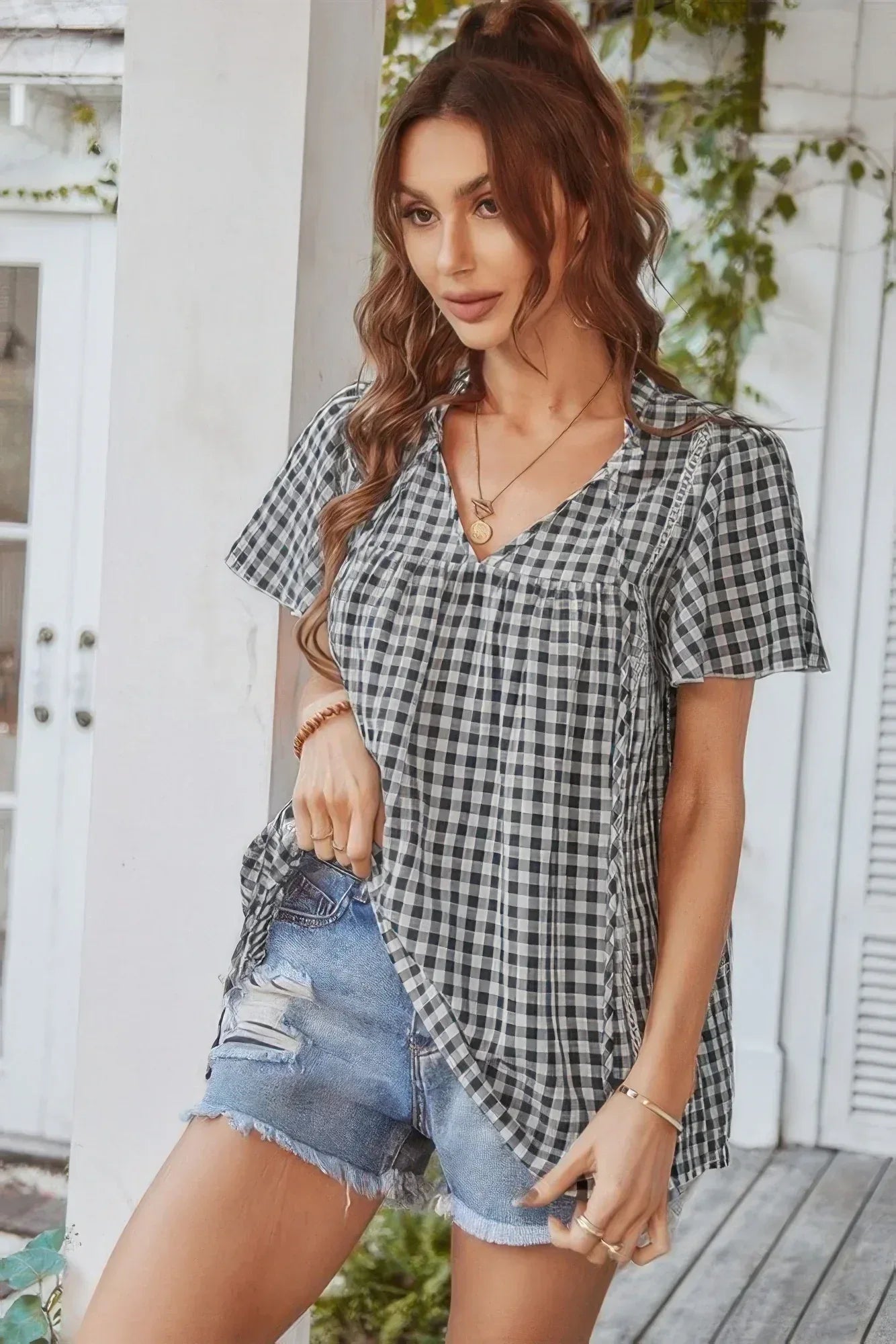 Gingham V Neck Plaid Loose Drawstring Blouse | Mixtshop LLC