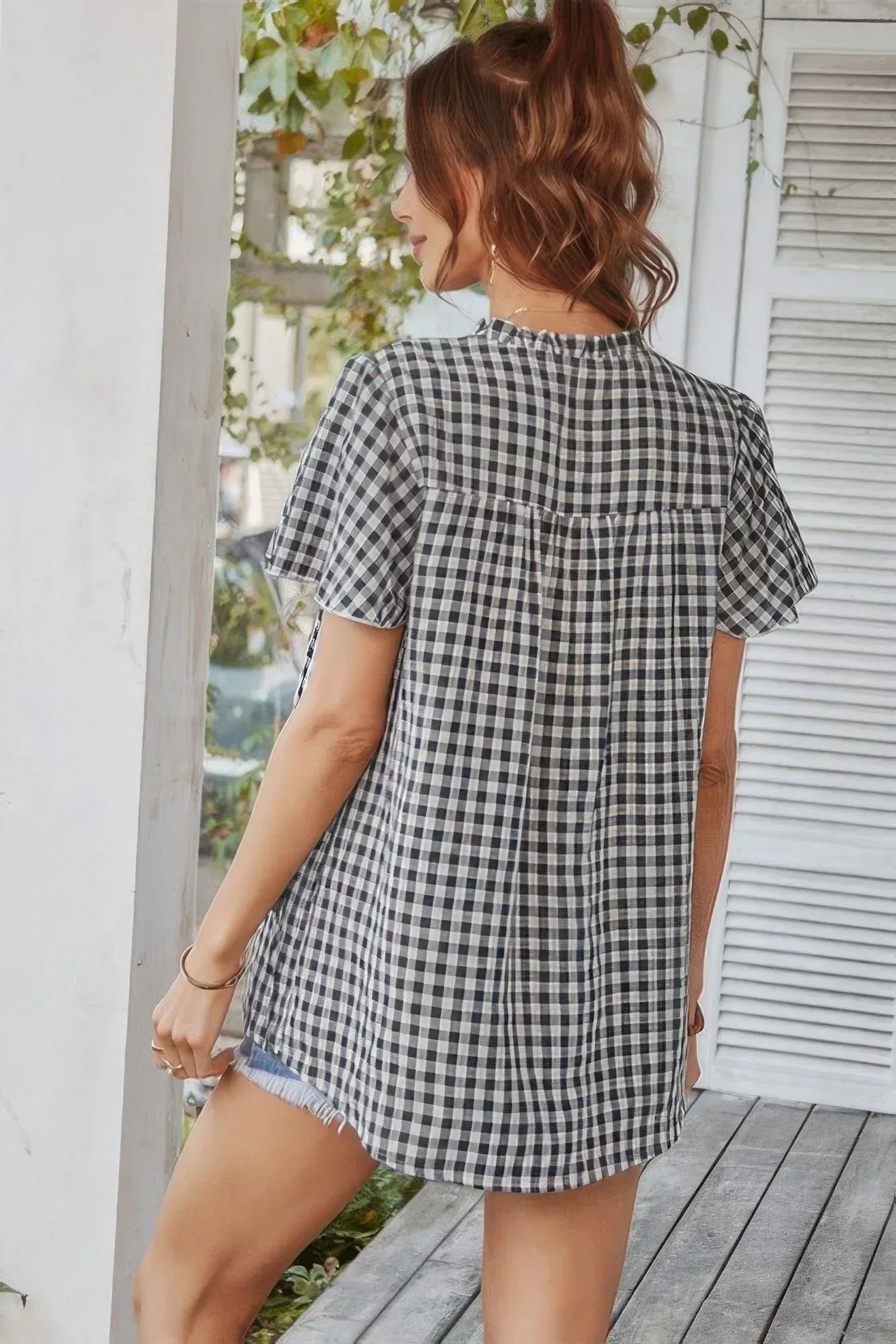 Gingham V Neck Plaid Loose Drawstring Blouse Secondary image