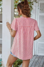 Gingham V Neck Plaid Loose Drawstring Blouse | Mixtshop LLC