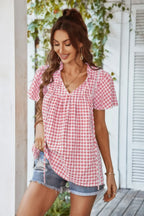 Gingham V Neck Plaid Loose Drawstring Blouse | Mixtshop LLC