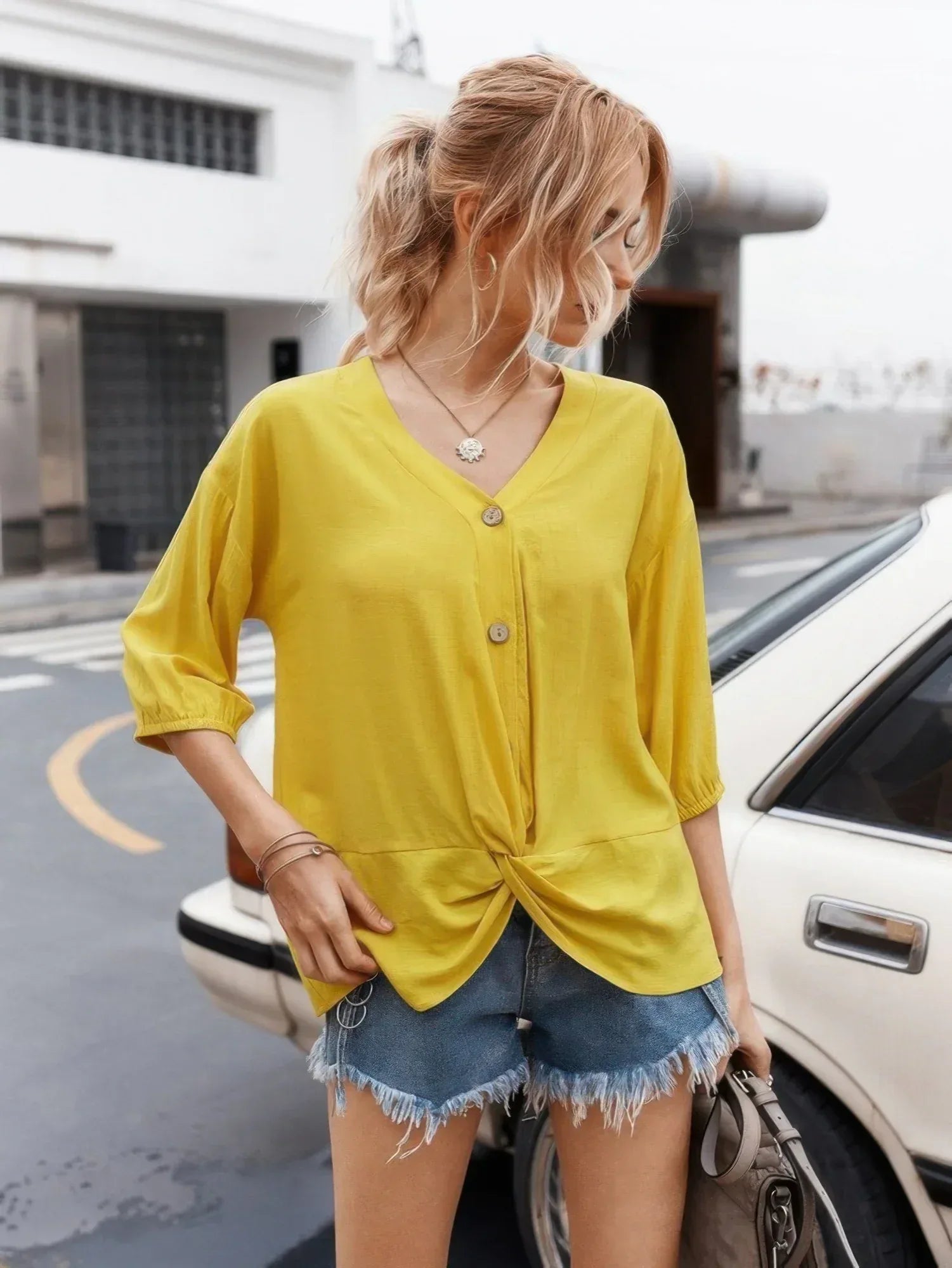 V Neck Drawstring Solid Button Down Blouse | Mixtshop LLC Main image