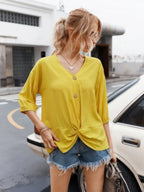 V Neck Drawstring Solid Button Down Blouse | Mixtshop LLC