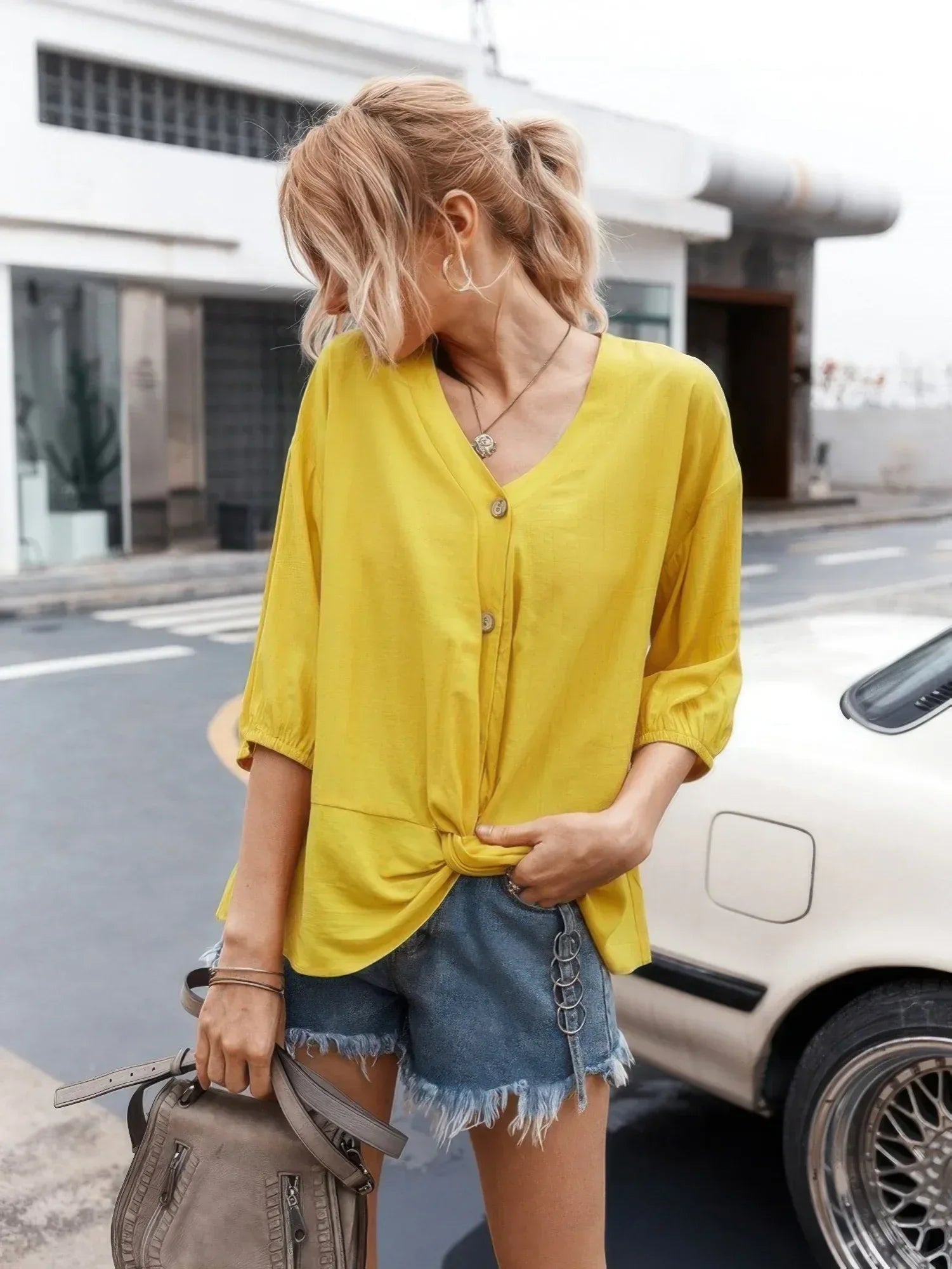 V Neck Drawstring Solid Button Down Blouse Secondary image