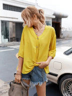 V Neck Drawstring Solid Button Down Blouse | Mixtshop LLC