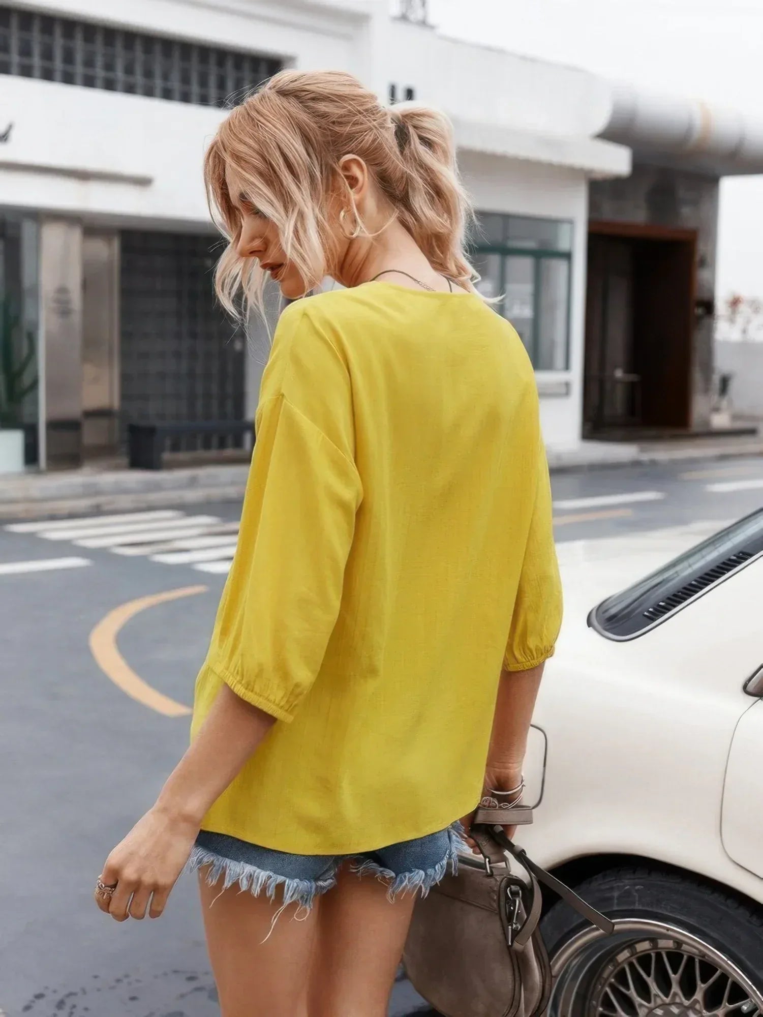 V Neck Drawstring Solid Button Down Blouse | Mixtshop LLC