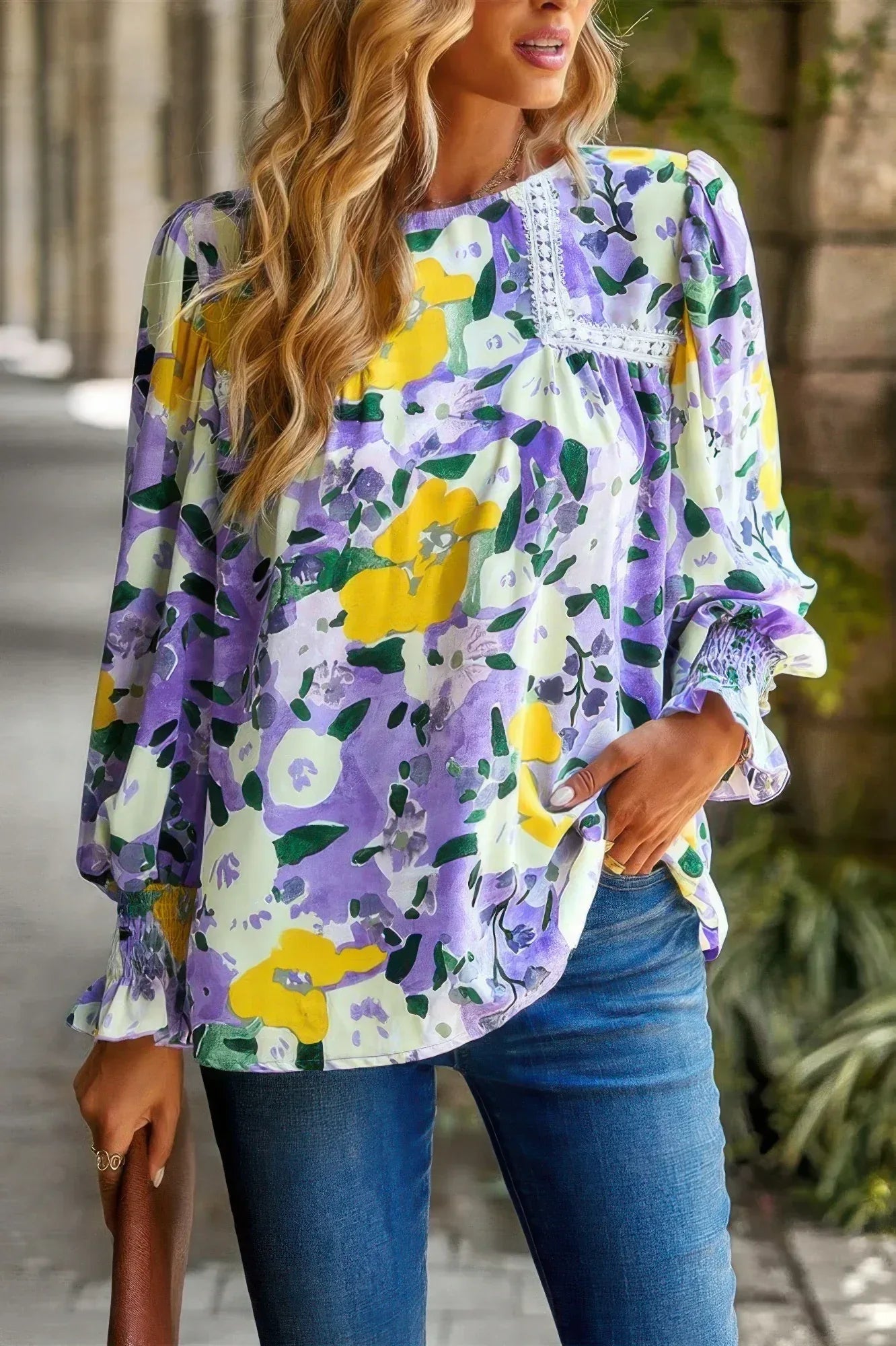Floral Contrast Lace Trim Split Top | Mixtshop LLC Main image
