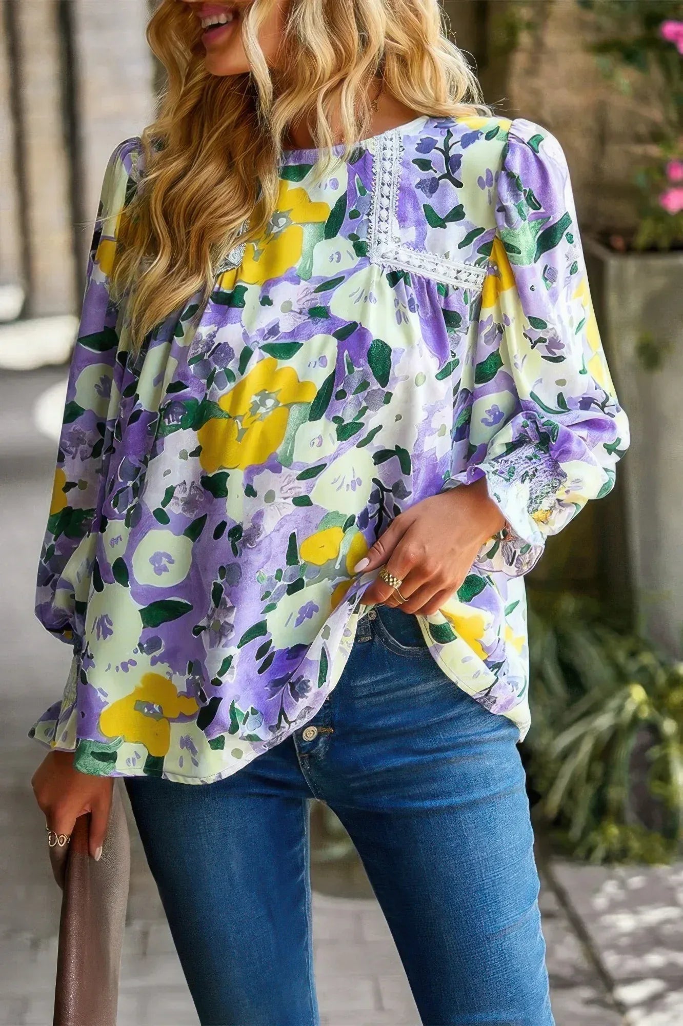 Floral Contrast Lace Trim Split Top | Mixtshop LLC
