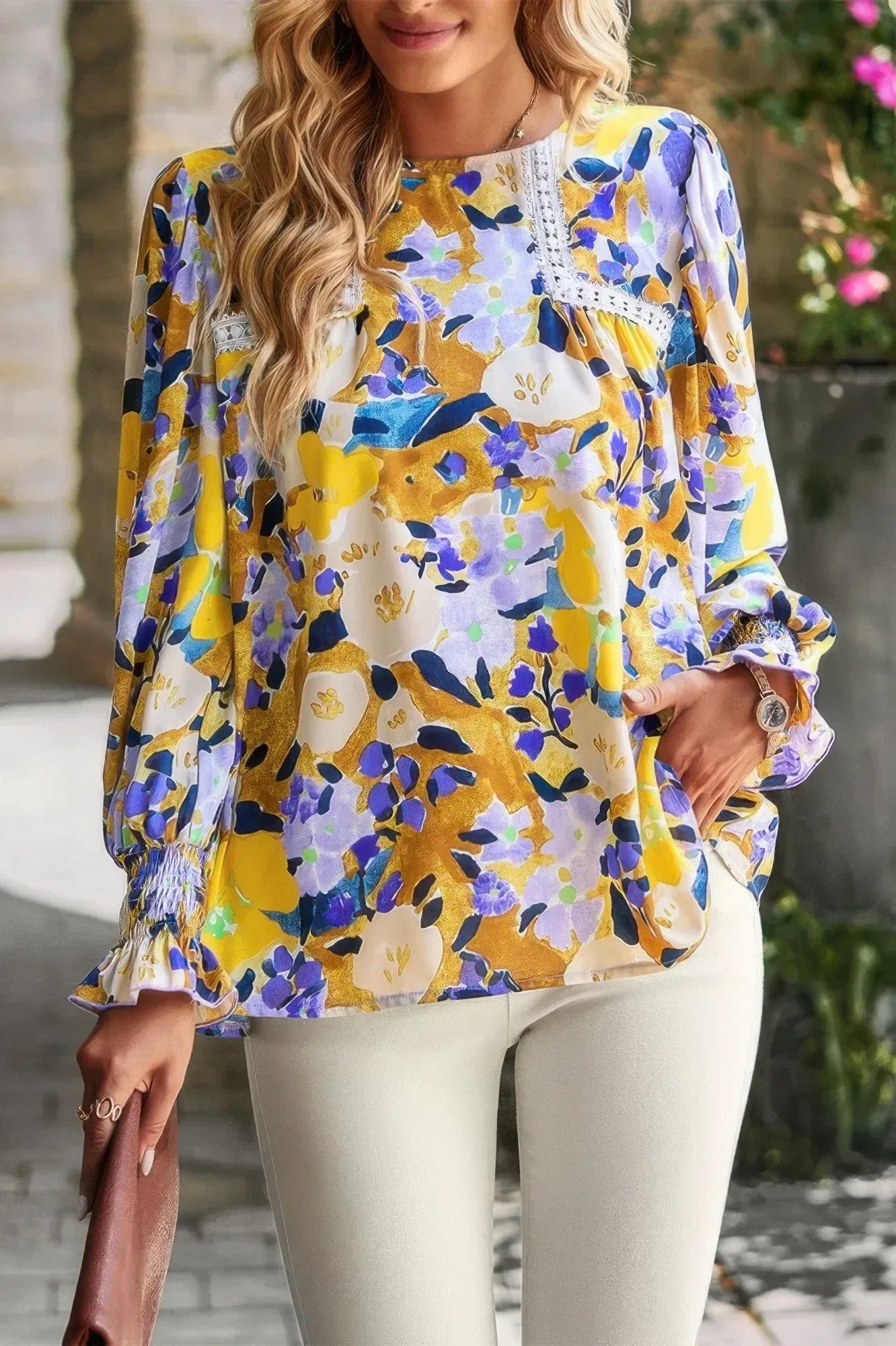 Floral Contrast Lace Trim Split Top | Mixtshop LLC