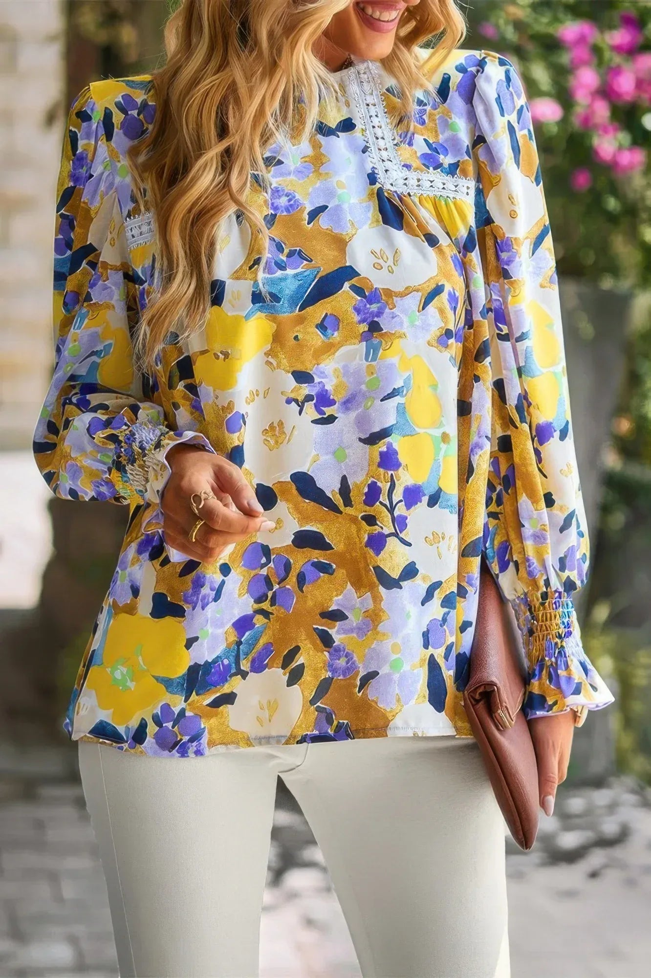 Floral Contrast Lace Trim Split Top | Mixtshop LLC