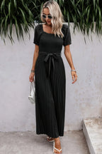 Square Neck Ruffle Trim Belted Pleated Jumpsuit | Mixtshop LLC