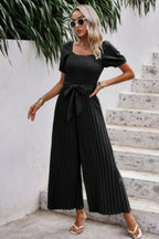 Square Neck Ruffle Trim Belted Pleated Jumpsuit | Mixtshop LLC