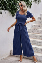 Square Neck Ruffle Trim Belted Pleated Jumpsuit | Mixtshop LLC