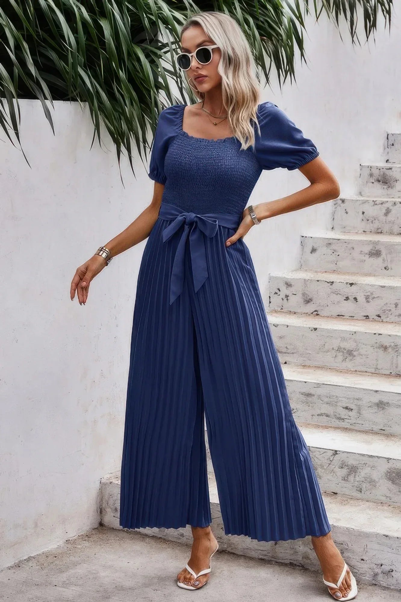 Square Neck Ruffle Trim Belted Pleated Jumpsuit | Mixtshop LLC