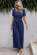 Square Neck Ruffle Trim Belted Pleated Jumpsuit | Mixtshop LLC