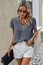 Solid Button Trim V Neck Loose Fit Blouse | Mixtshop LLC