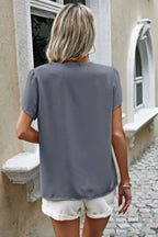 Solid Button Trim V Neck Loose Fit Blouse | Mixtshop LLC