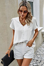 Solid Button Trim V Neck Loose Fit Blouse | Mixtshop LLC