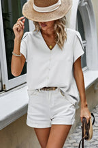 Solid Button Trim V Neck Loose Fit Blouse | Mixtshop LLC