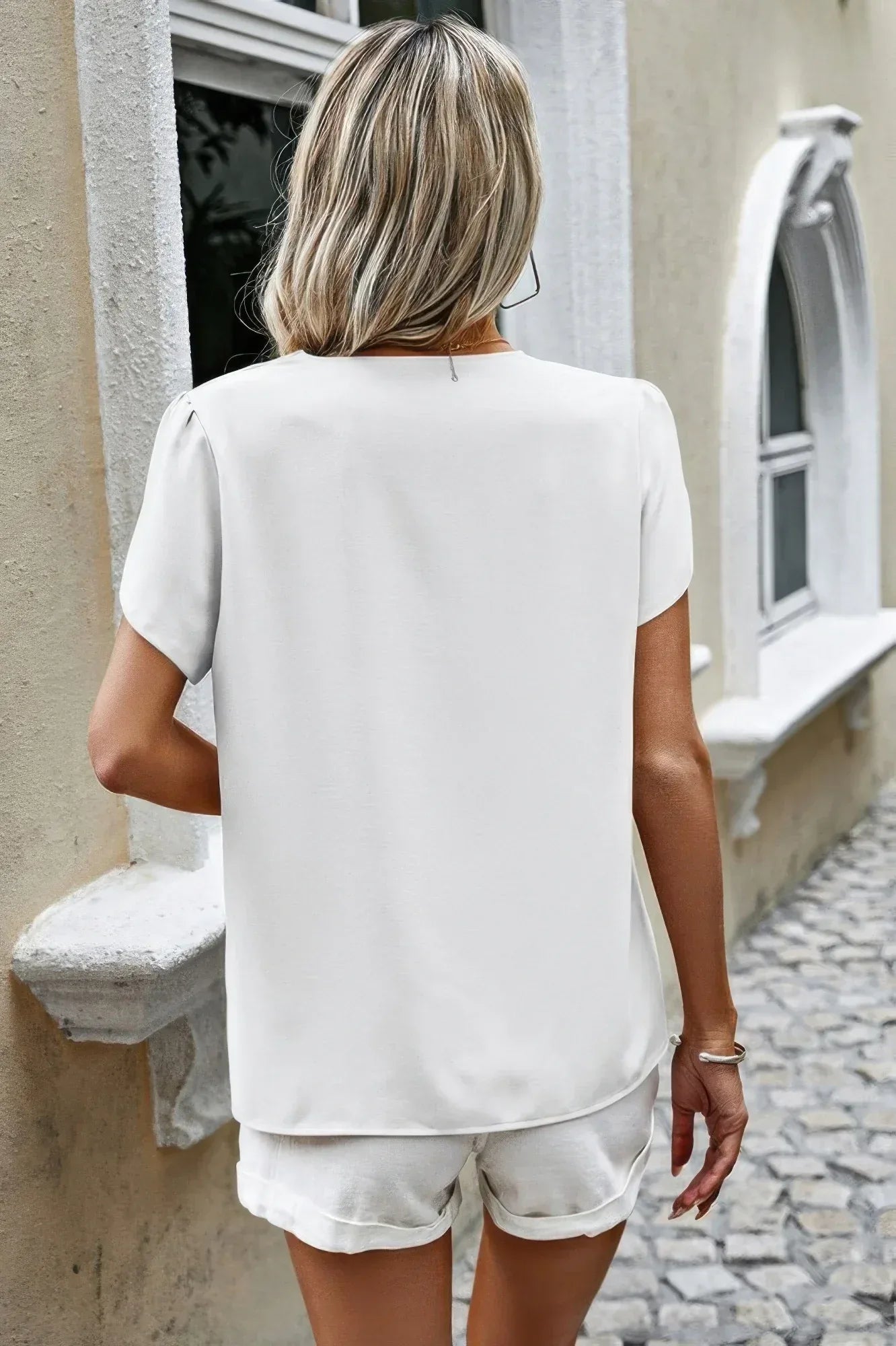 Solid Button Trim V Neck Loose Fit Blouse | Mixtshop LLC