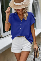 Solid Button Trim V Neck Loose Fit Blouse | Mixtshop LLC